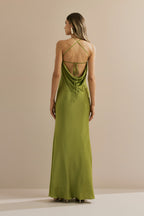 Vestido Midi Largo de Satén con Escote Triangular y Atadura en la Espalda - Capri Verde Claro