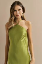 Vestido Midi Largo de Satén con Escote Triangular y Atadura en la Espalda - Capri Verde Claro