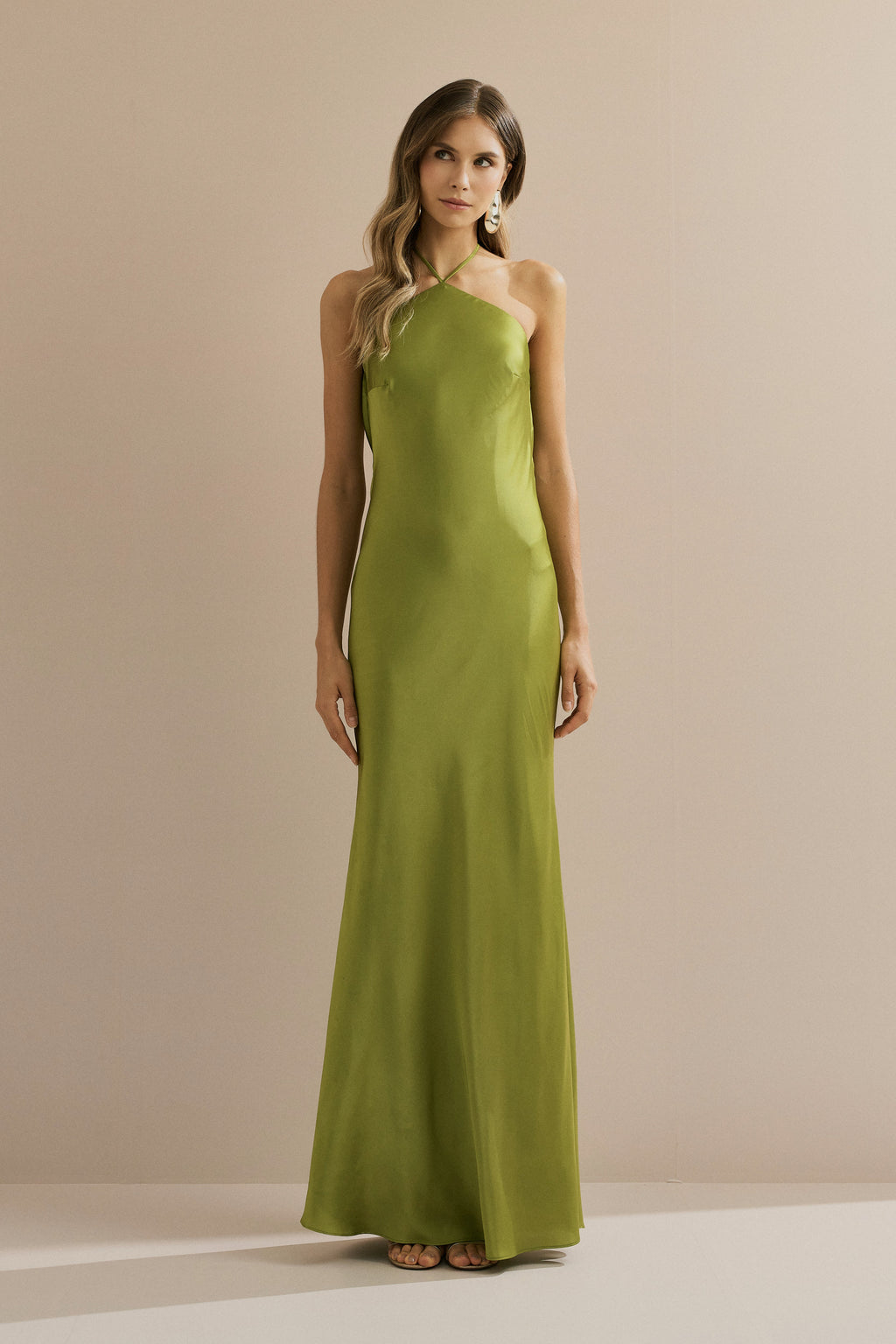 Vestido Midi Largo de Satén con Escote Triangular y Atadura en la Espalda - Capri Verde Claro