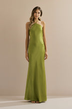 Vestido Midi Largo de Satén con Escote Triangular y Atadura en la Espalda - Capri Verde Claro