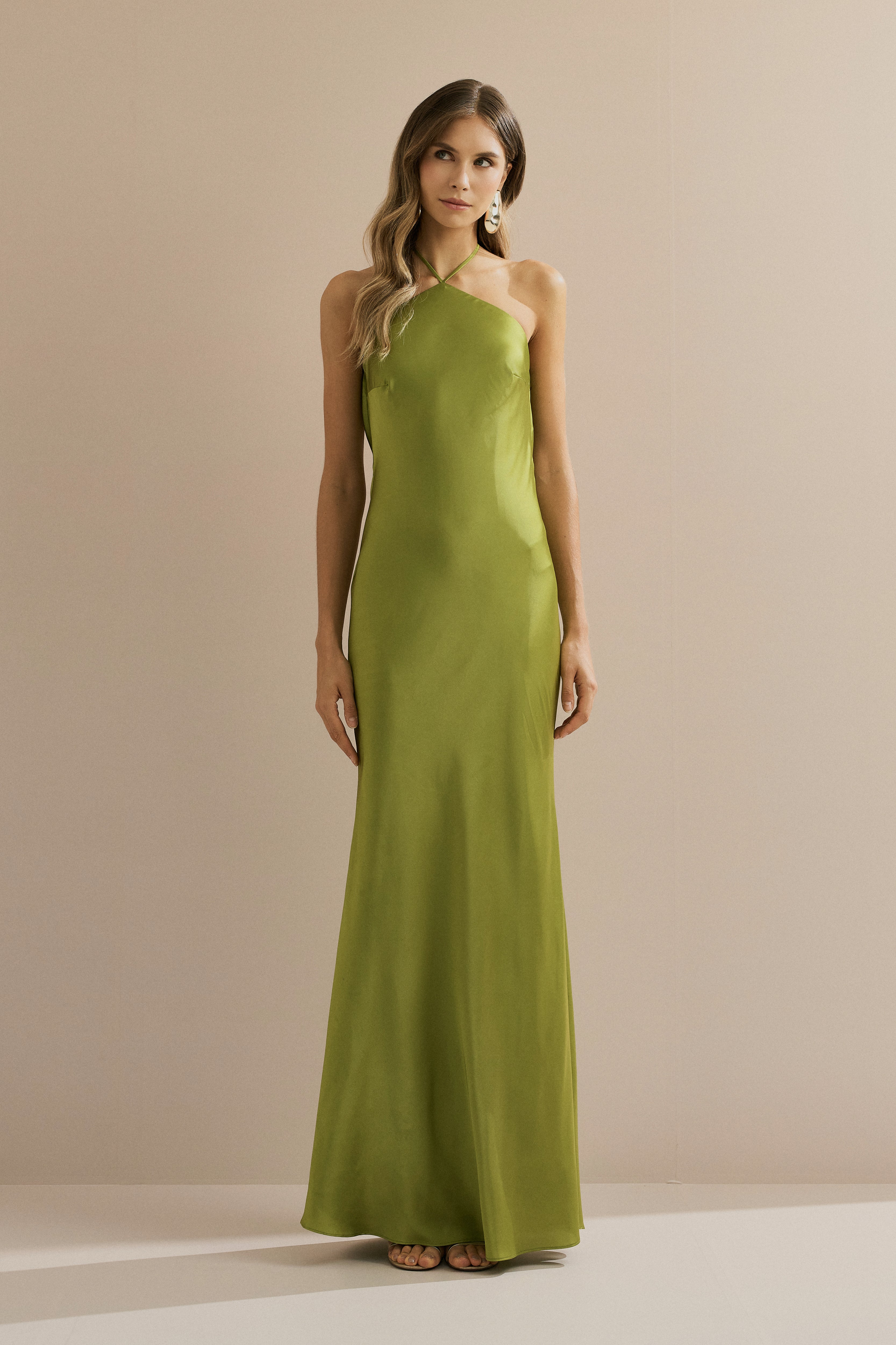 Vestido Midi Largo de Satén con Escote Triangular y Atadura en la Espalda - Capri Verde Claro