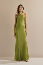 Vestido Midi Largo de Satén con Escote Triangular y Atadura en la Espalda - Capri Verde Claro