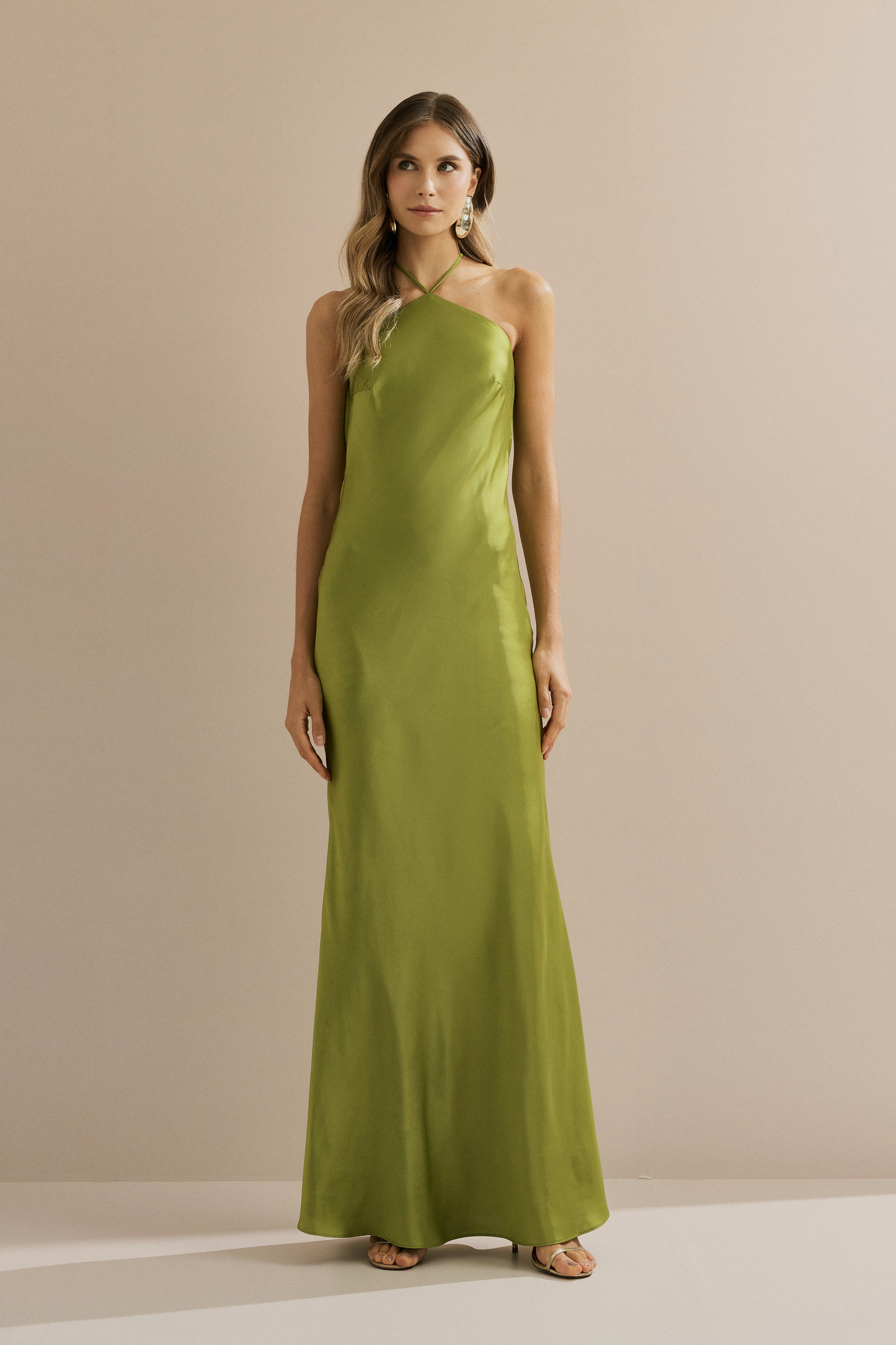 Vestido Midi Largo de Satén con Escote Triangular y Atadura en la Espalda - Capri Verde Claro