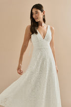 Vestido Midi de Encaje Guipir con Escote en V, Tirantes de Satén y Lazo en la Espalda - Maia Off White