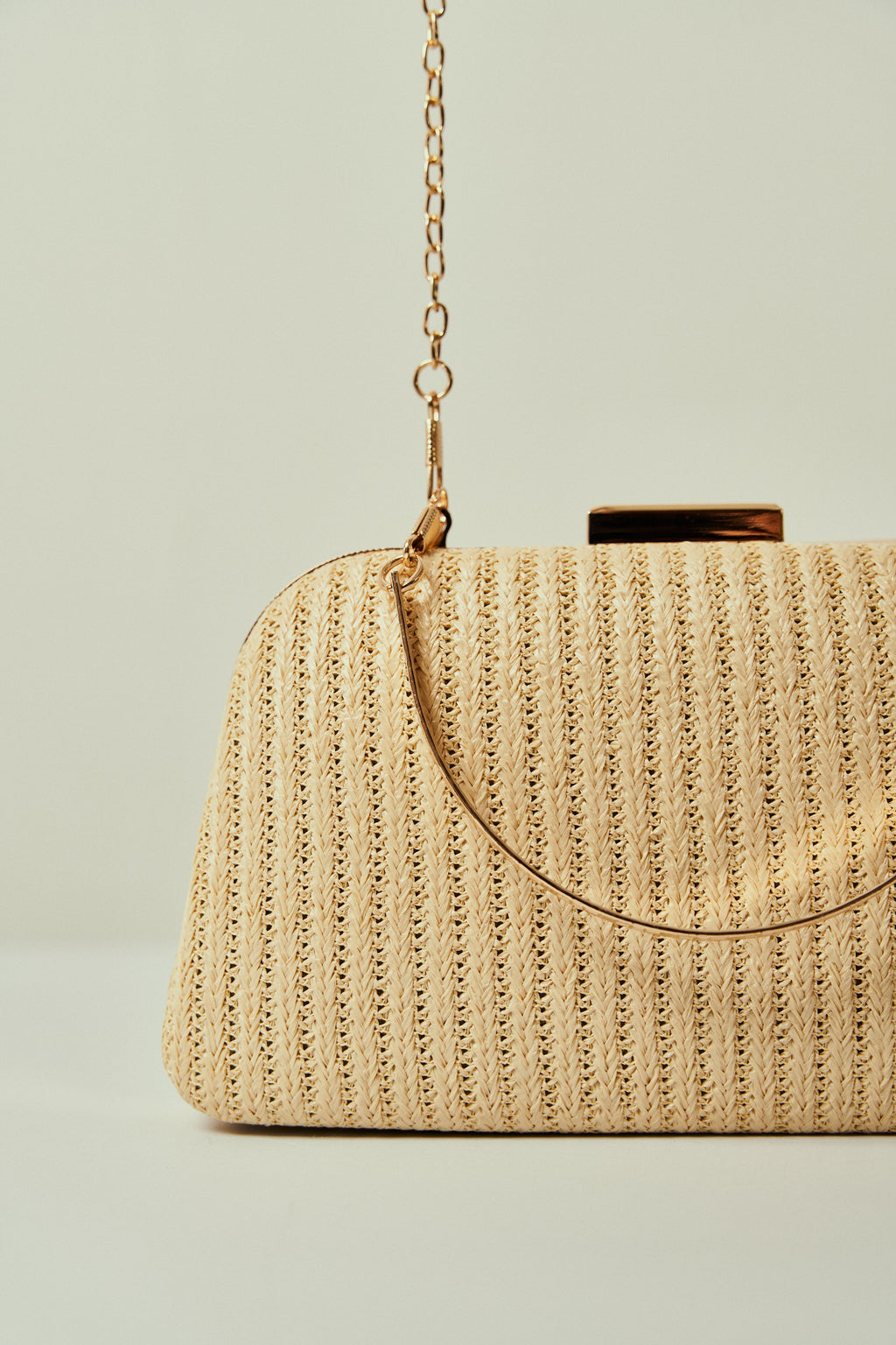 Straw Trapezoidal Party Bag with Golden Closure and Double Handles
