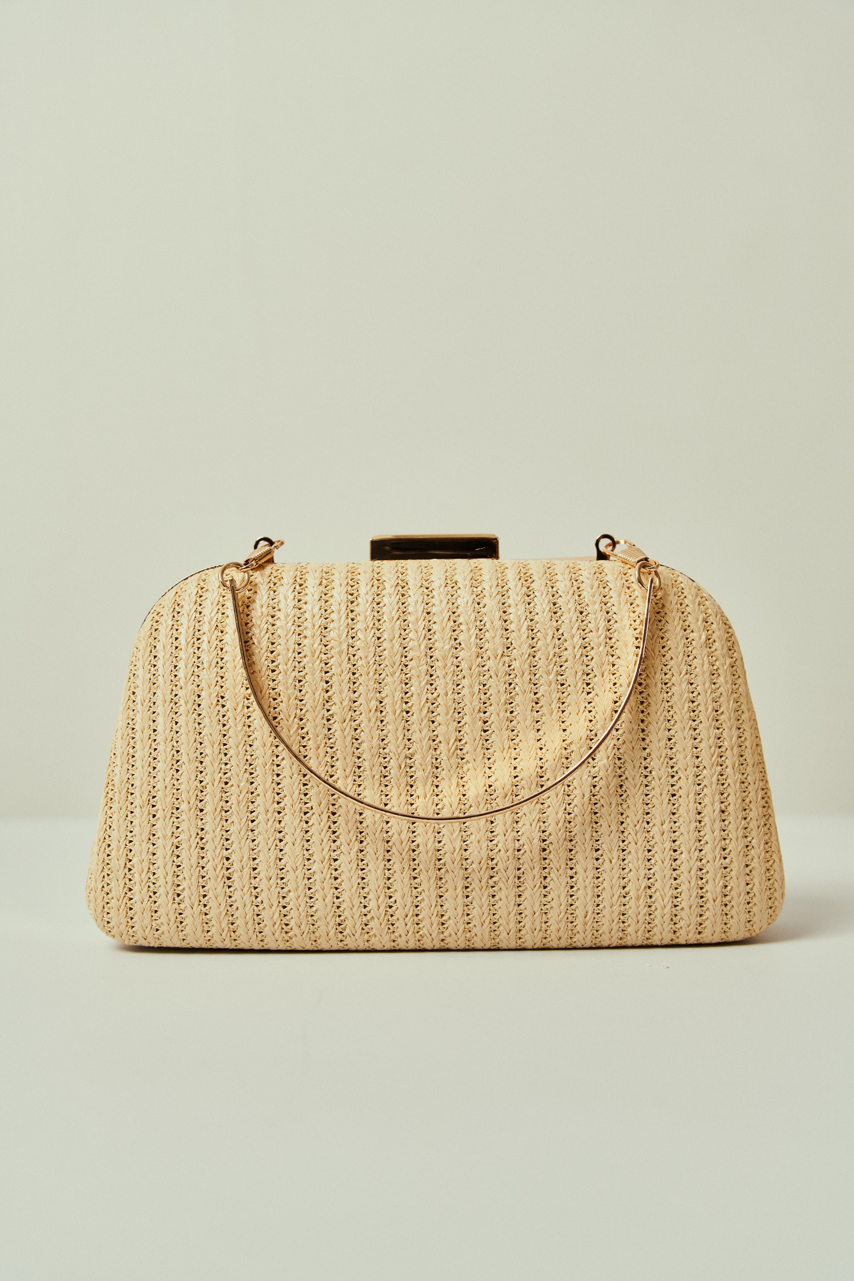 Straw Trapezoidal Party Bag with Golden Closure and Double Handles