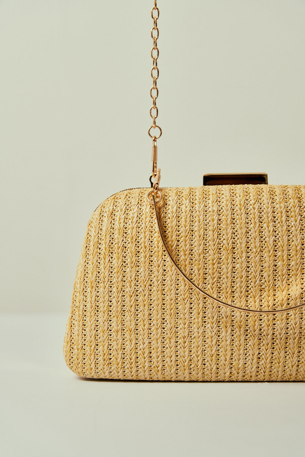 Straw Trapezoidal Party Bag with Golden Closure and Double Handles