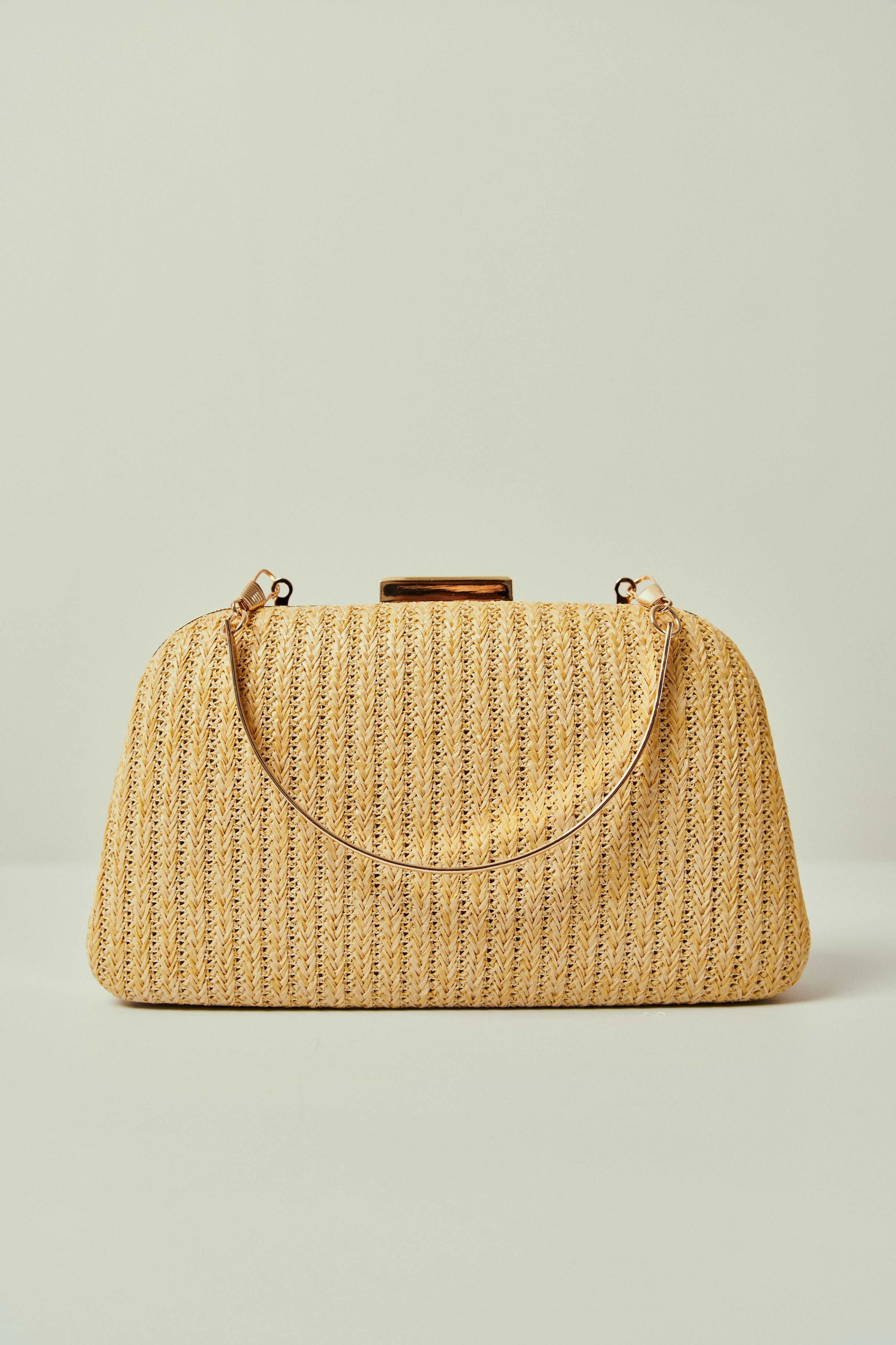 Straw Trapezoidal Party Bag with Golden Closure and Double Handles
