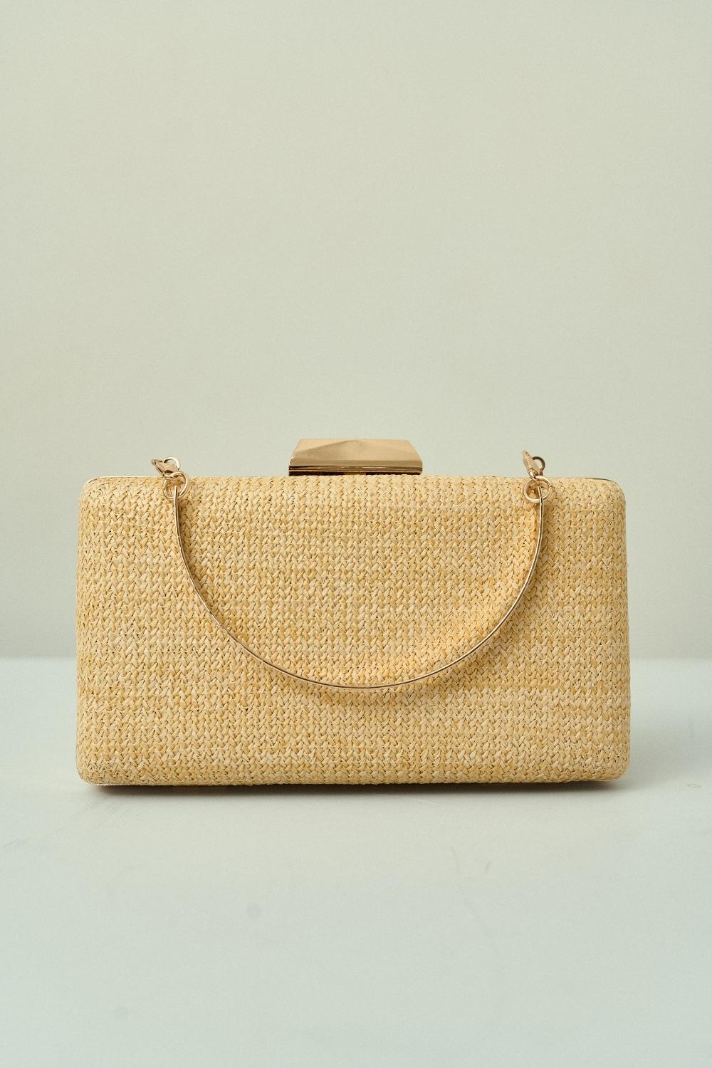 Bolsa de Fiesta Rectangular en Trama Natural con Cierre Geométrico Dorado y Doble Asa