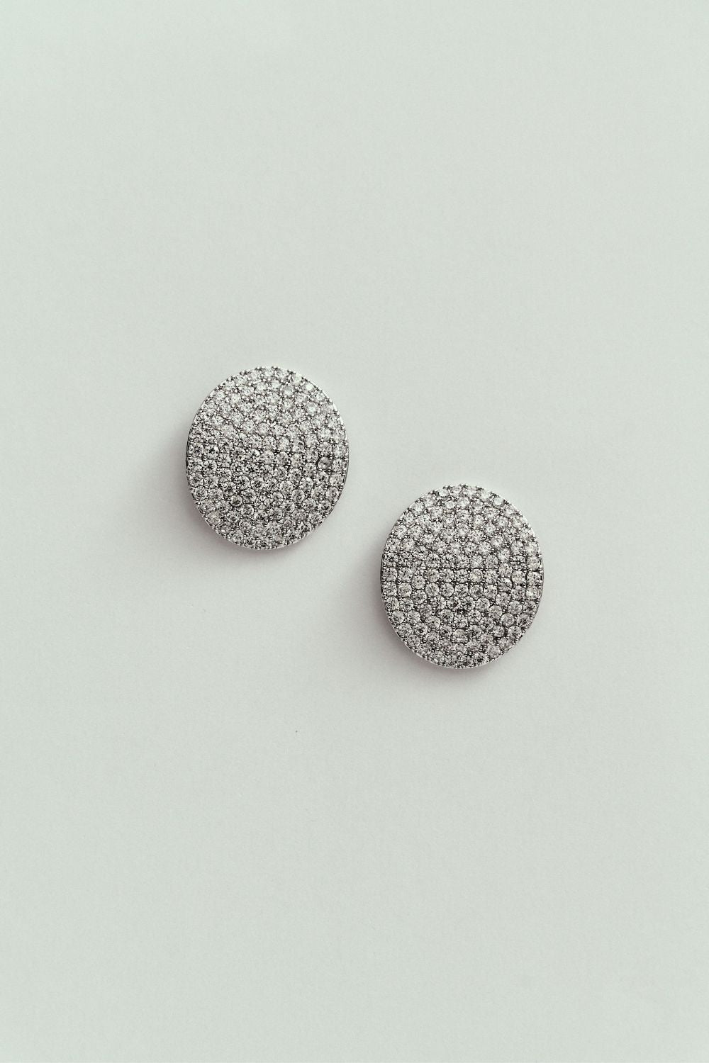 Oval Silver Rhinestone Stud Earrings