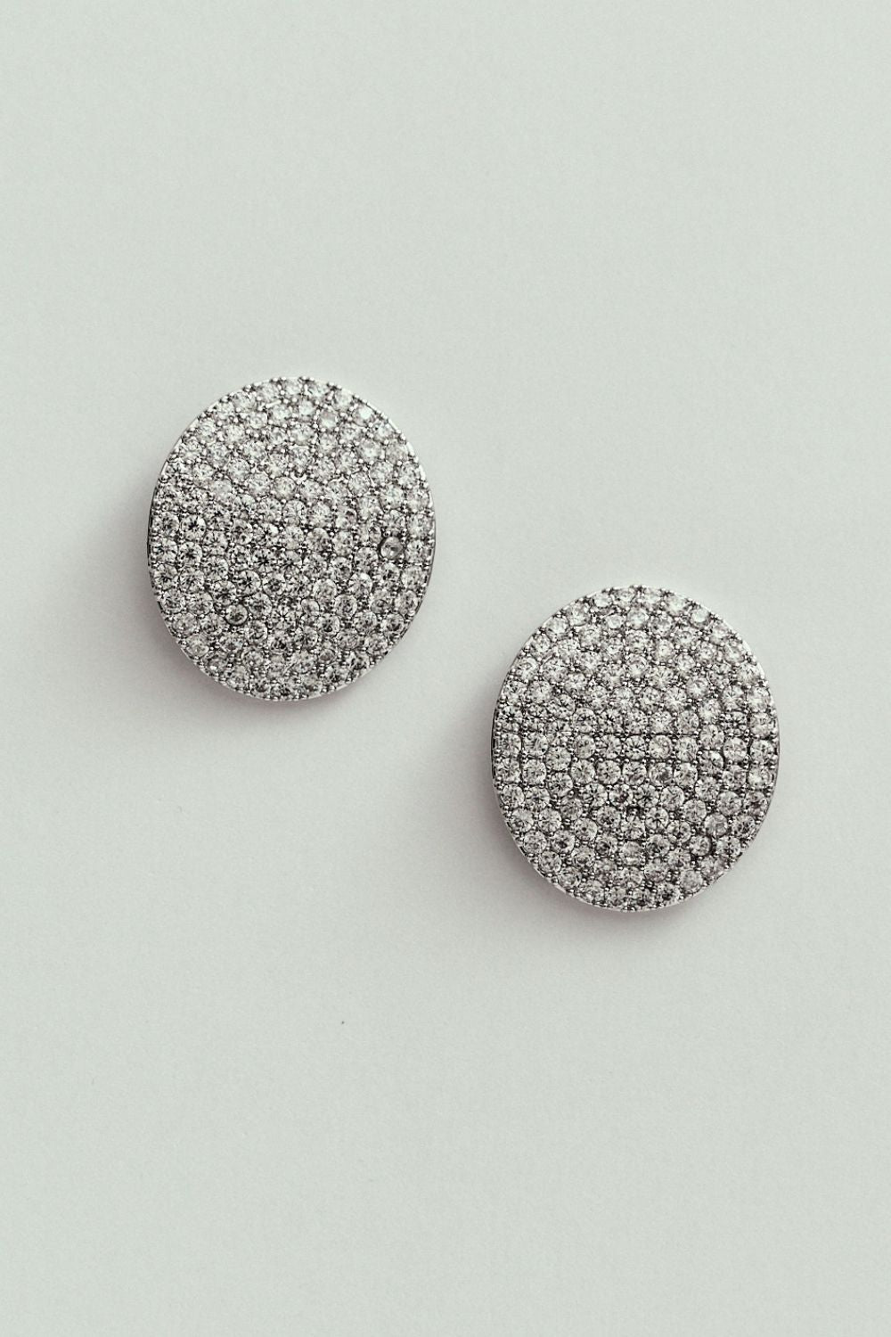 Oval Silver Rhinestone Stud Earrings