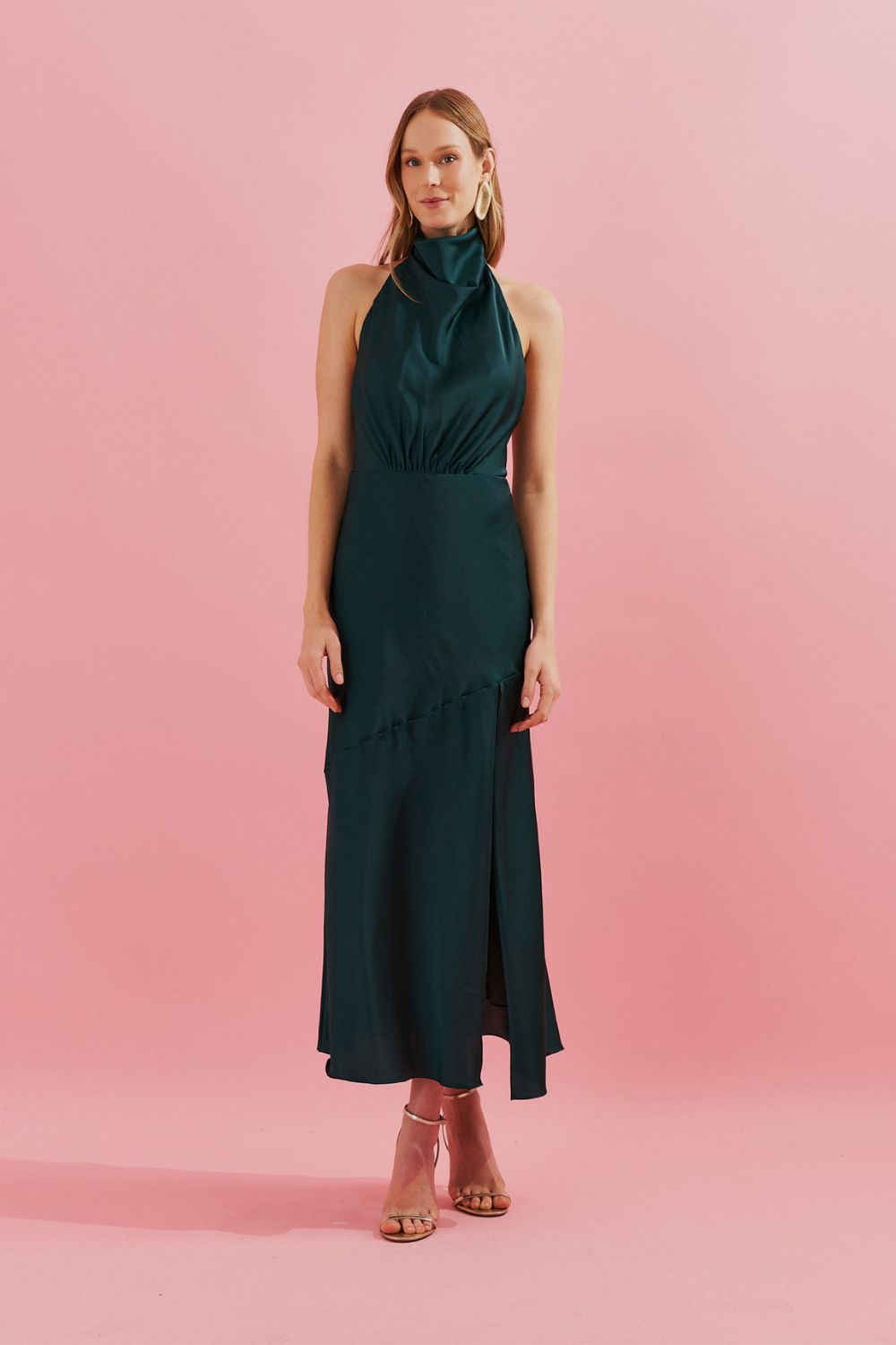 Vestido Midi con Cuello Degaje y Abertura Frontal - Estela Bandeira
