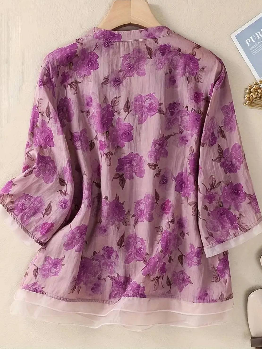 Bluzka z Organzy w Stylu Francuskiej Boutique z Kwiatowym Wzorem