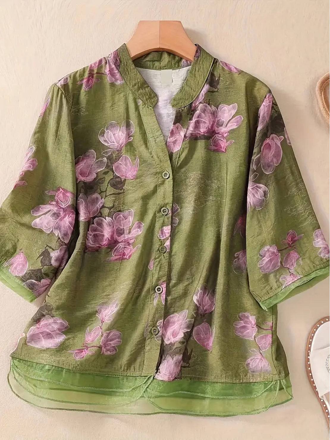 Bluzka z Organzy w Stylu Francuskiej Boutique z Kwiatowym Wzorem