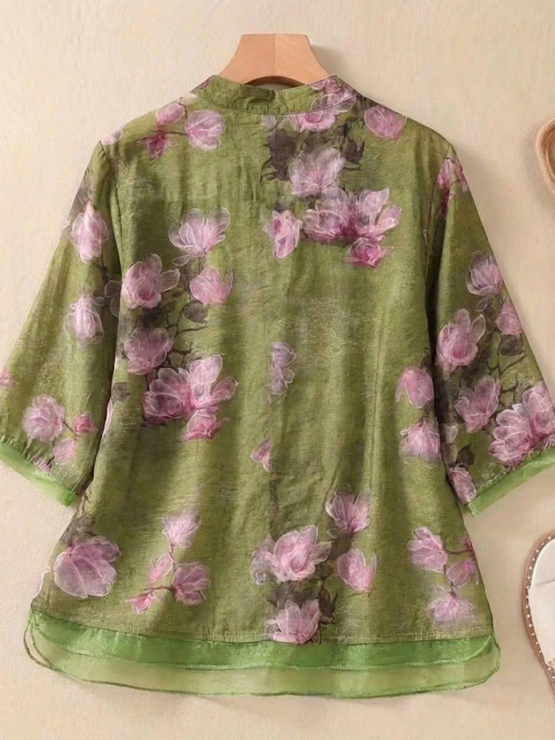 Bluzka z Organzy w Stylu Francuskiej Boutique z Kwiatowym Wzorem