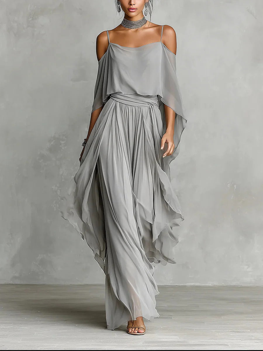 Isabela | Conjunto ligero gris con top de tirantes y pantalones fluidos