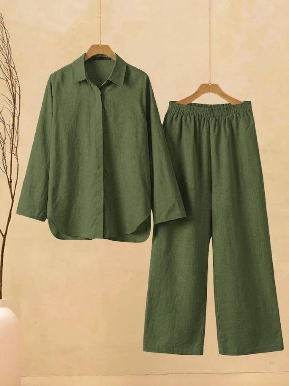 Oversized 100% Cotton Shirt and Wide-Leg Pants Co-ord Set