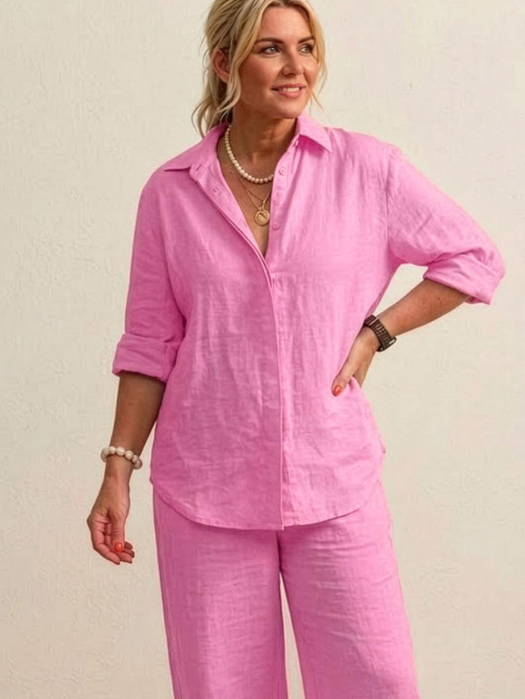 Oversized 100% Cotton Shirt and Wide-Leg Pants Co-ord Set