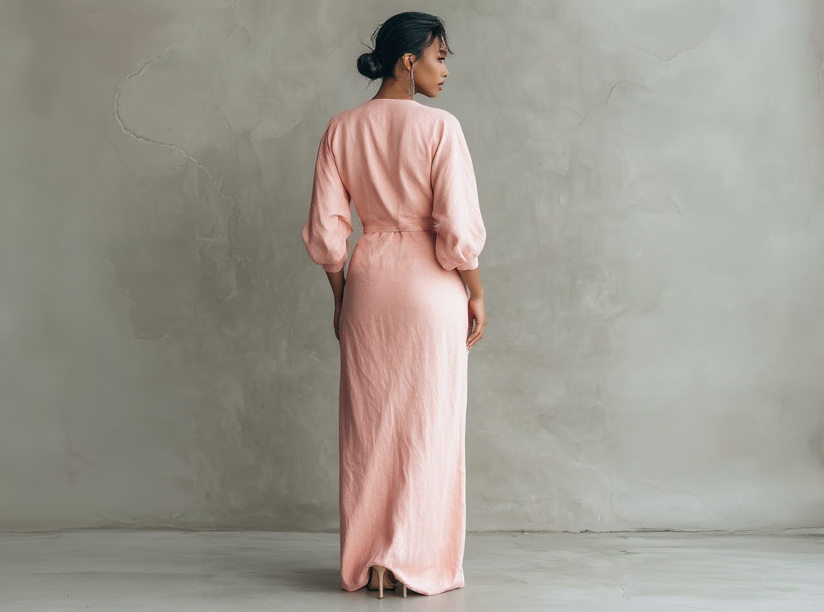 Różowa minimalistyczna sukienka maxi z lnianym dekoltem w kształcie V dla kobiet
