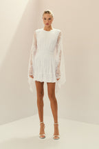 Vestido Corto de Encaje, con Elástico en la Cintura y Mangas Amplias - Aira Off White