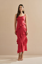 Vestido Midi de Satén con Escote Degagê, Tirantes Finos y Volantes Asimétricos - Isla Rojo