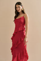 Vestido Midi de Satén con Escote Degagê, Tirantes Finos y Volantes Asimétricos - Isla Rojo