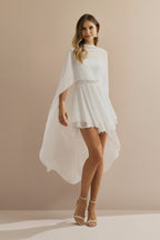 Vestido Corto de Chiffon con Escote Recto Sin Tiras y Capa Fluida Superpuesta - Áurea Off White
