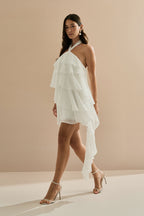 Vestido Corto de Tirantes en Chiffon con Volantes y Cola Lateral Asimétrica - Maré Off White