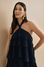 Vestido Corto de Tirantes en Chiffon con Volantes y Cola Lateral Asimétrica - Mare Azul Marino