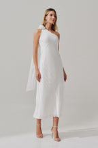 Vestido Midi Largo con Escote Asimétrico y Flor Removible - Santa Fé Off White