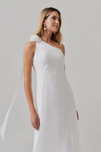 Vestido Midi Largo con Escote Asimétrico y Flor Removible - Santa Fé Off White