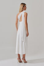 Vestido Midi Largo con Escote Asimétrico y Flor Removible - Santa Fé Off White
