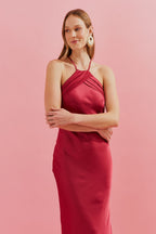 Vestido Midi Largo con Escote Triangular y Pliegues - Brisa Canela
