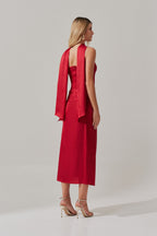 Vestido Largo Midi con Pliegues y Abertura Lateral y Chal - Dhaka Rojo