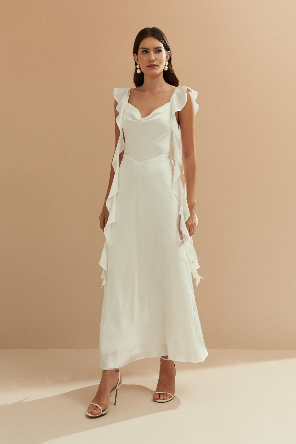 Vestido Midi Largo de Satén con Escote Degaje y Volantes Largos en las Mangas - Akita Off White