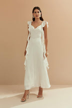 Vestido Midi Largo de Satén con Escote Degaje y Volantes Largos en las Mangas - Akita Off White