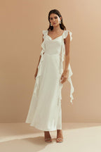 Vestido Midi Largo de Satén con Escote Degaje y Volantes Largos en las Mangas - Akita Off White