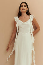 Vestido Midi Largo de Satén con Escote Degaje y Volantes Largos en las Mangas - Akita Off White