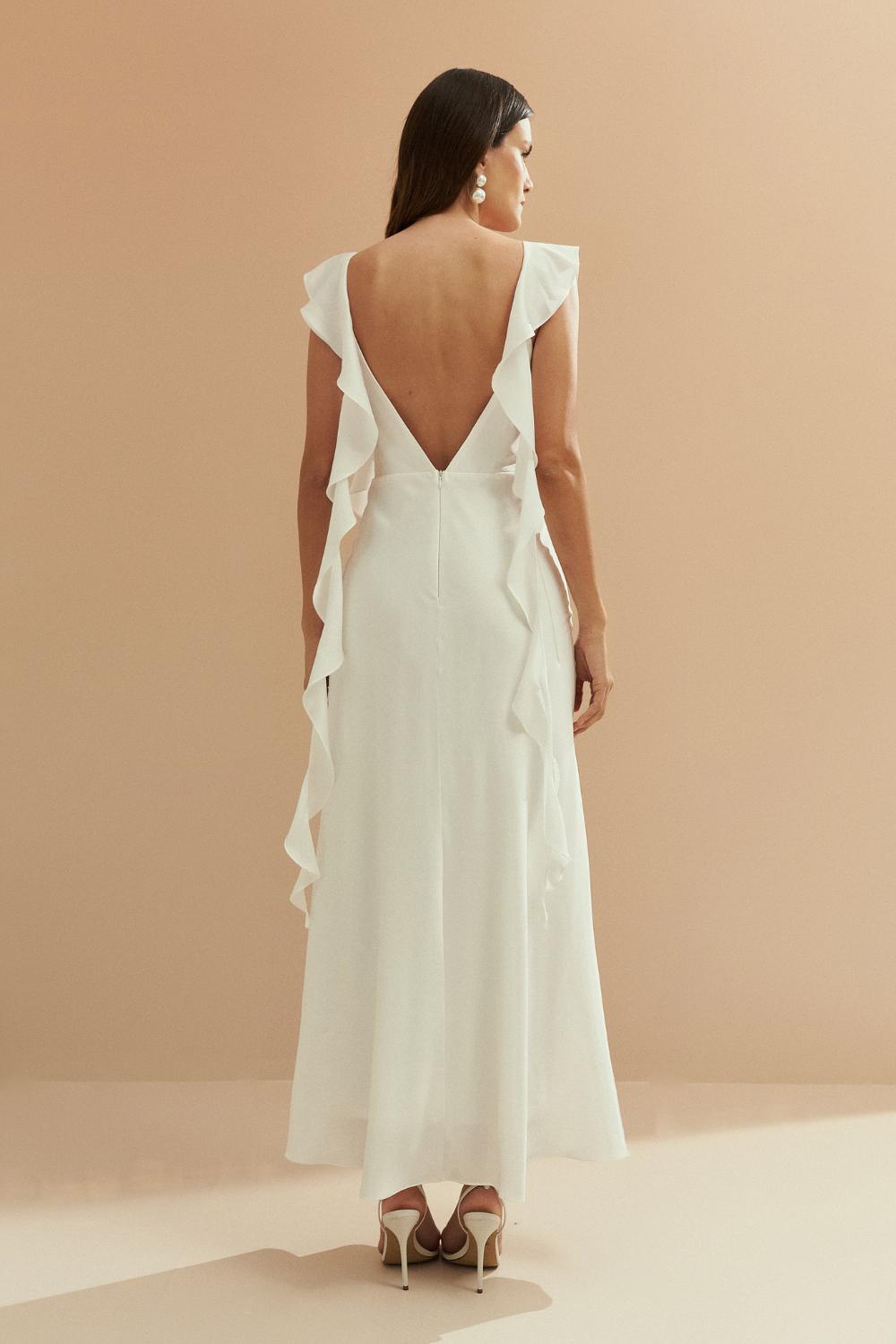 Vestido Midi Largo de Satén con Escote Degaje y Volantes Largos en las Mangas - Akita Off White