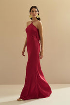 Vestido Midi Largo de Satén con Escote Triangular y Amarre en la Espalda - Capri Rojo