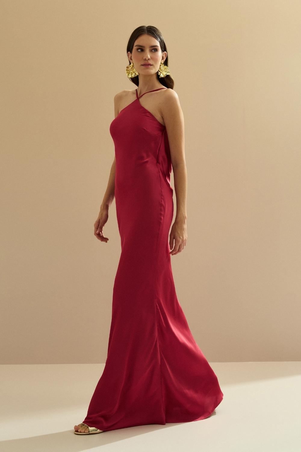 Vestido Midi Largo de Satén con Escote Triangular y Amarre en la Espalda - Capri Rojo