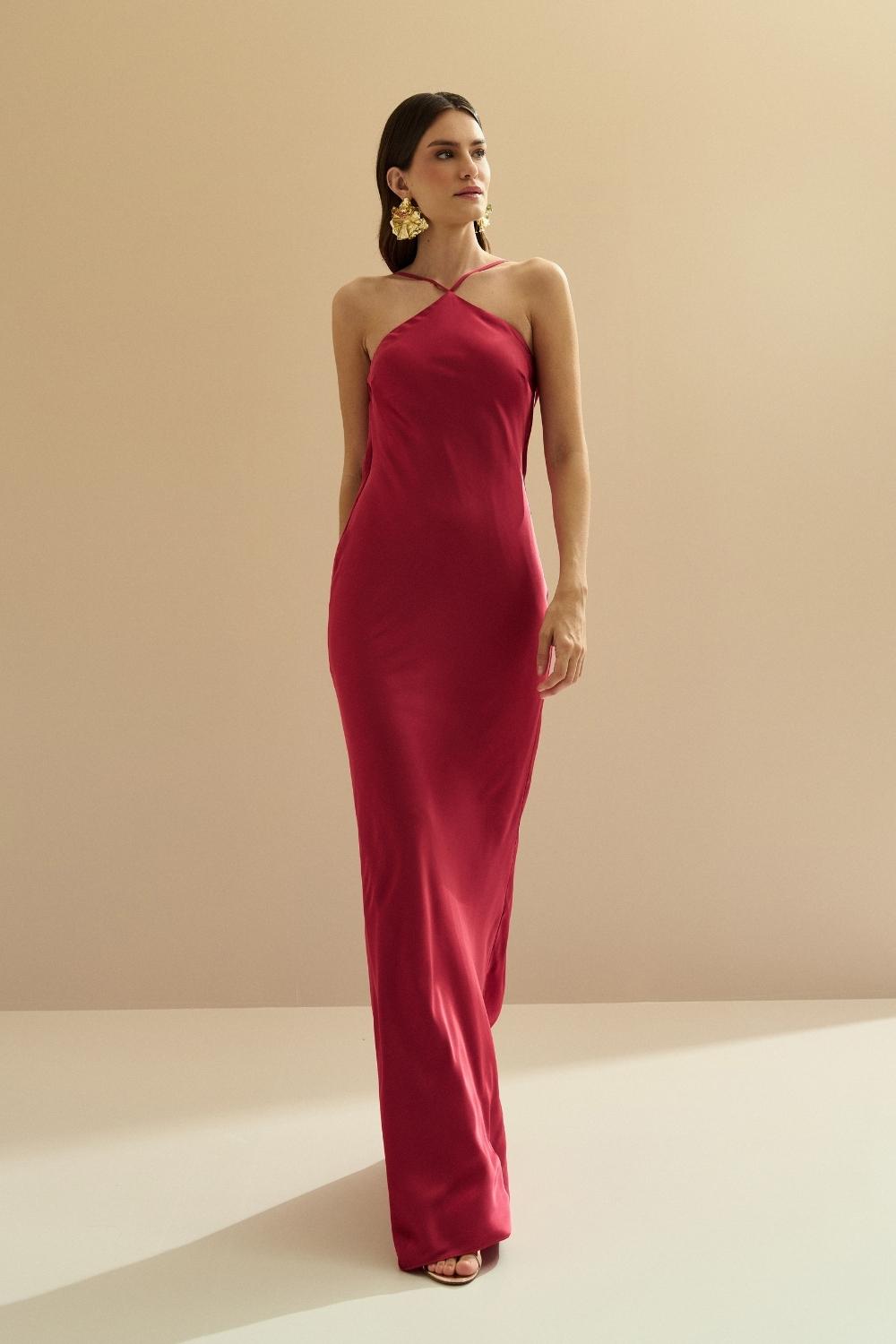 Vestido Midi Largo de Satén con Escote Triangular y Amarre en la Espalda - Capri Rojo