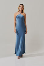Vestido Midi Largo de Satén con Escote Triangular y Lazo en la Espalda - Capri Azul Jeans