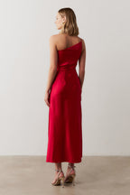 Vestido Midi Largo de Un Hombro en Satén con Abertura Lateral - Jordania Rojo