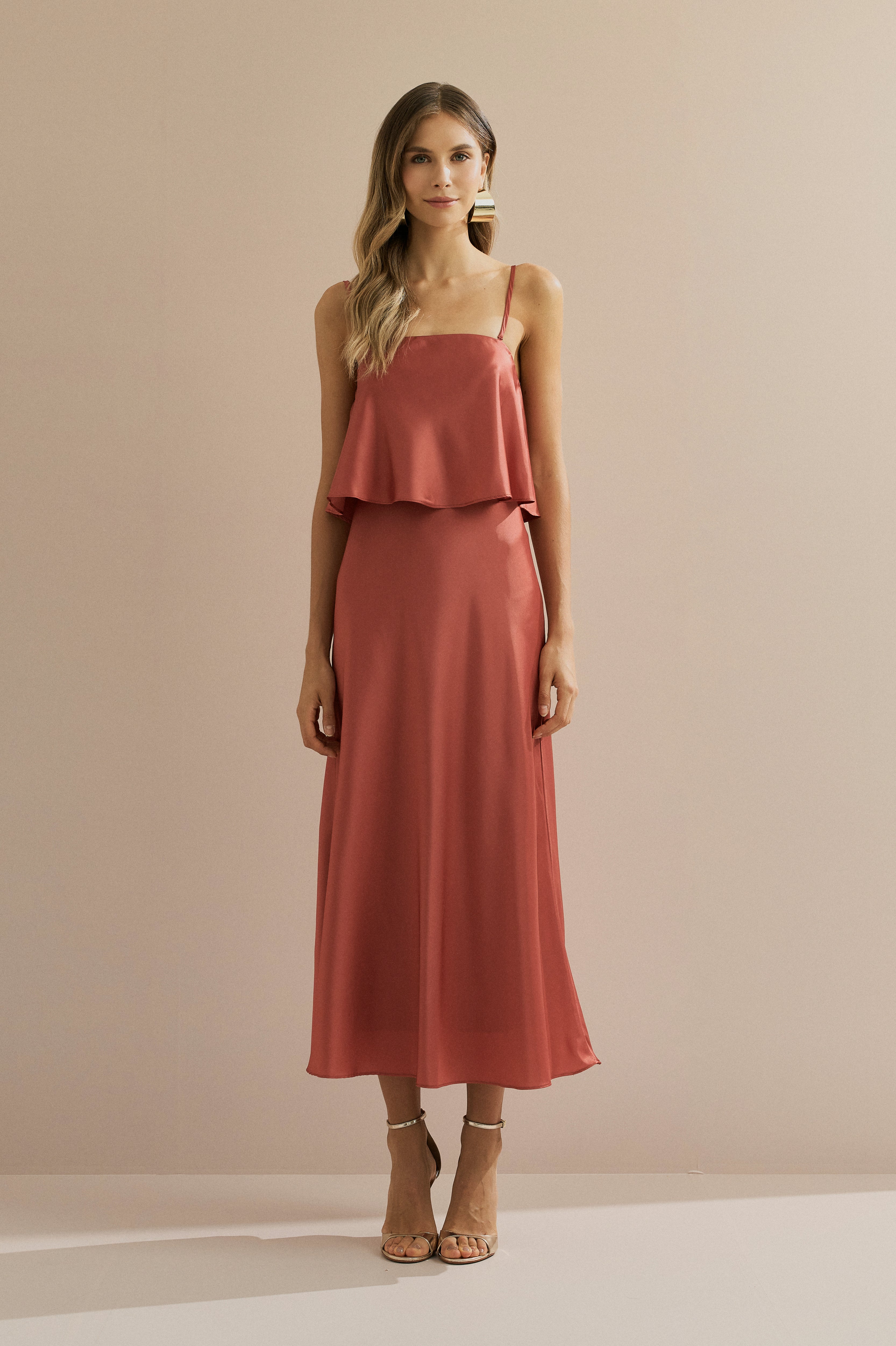 Vestido Midi Slip con Tirantes Removibles - Cartagena Terracota