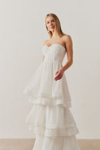 Vestido Largo con Busto Fruncido y Falda en Capas - Catar Off White