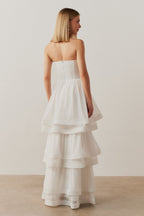 Vestido Largo con Busto Fruncido y Falda en Capas - Catar Off White