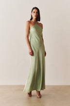 Vestido Midi Largo de Satén con Escote Triangular y Lazo en la Espalda - Capri Menta