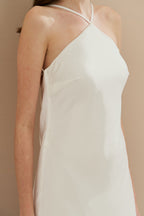Vestido Midi Largo de Satén con Escote Triangular y Lazo en la Espalda - Capri Off White