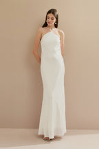 Vestido Midi Largo de Satén con Escote Triangular y Lazo en la Espalda - Capri Off White